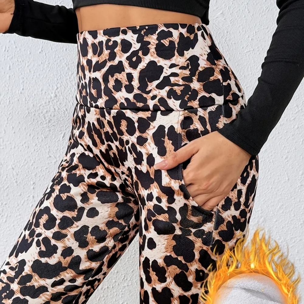 Leopard Print High-Waisted Women's Pants Fleece Lined Leggings